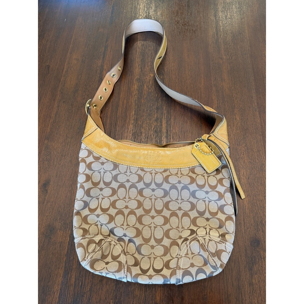 Coach Signature Jacquard Hobo Bag Yellow Patent Leather Trim Khaki Monogram